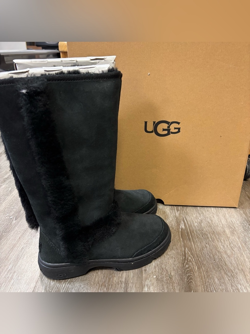 UGG | Sunburst Tall Black Suede Boots with Shearling Trim NEW - Picture 4 of 8